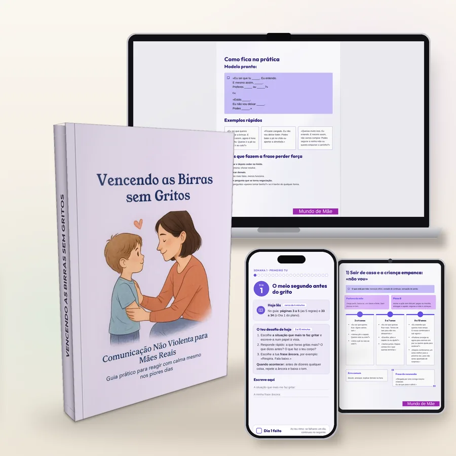 O Desafio de 21 dias no telemóvel, ao lado do guia Vencendo as Birras sem Gritos no portátil, no tablet e em livro